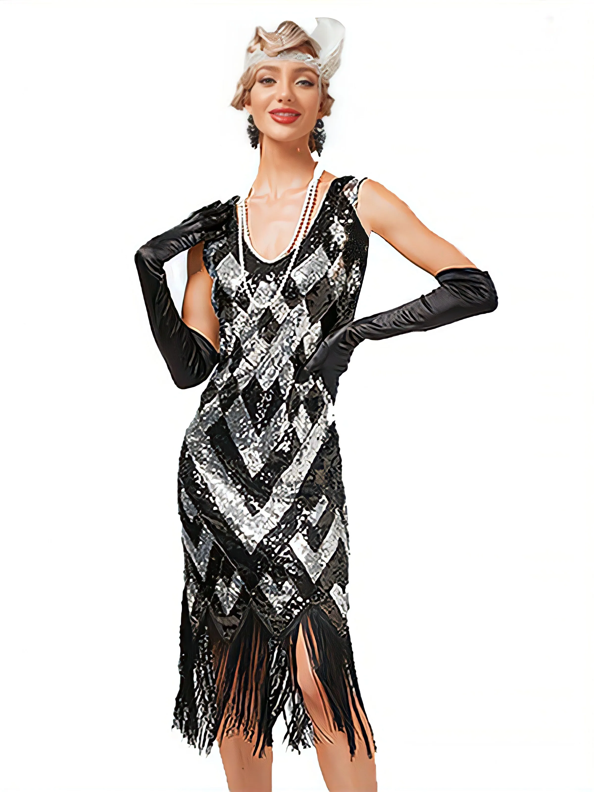 1920s V-Neck Sequined Fringe Evening Dress