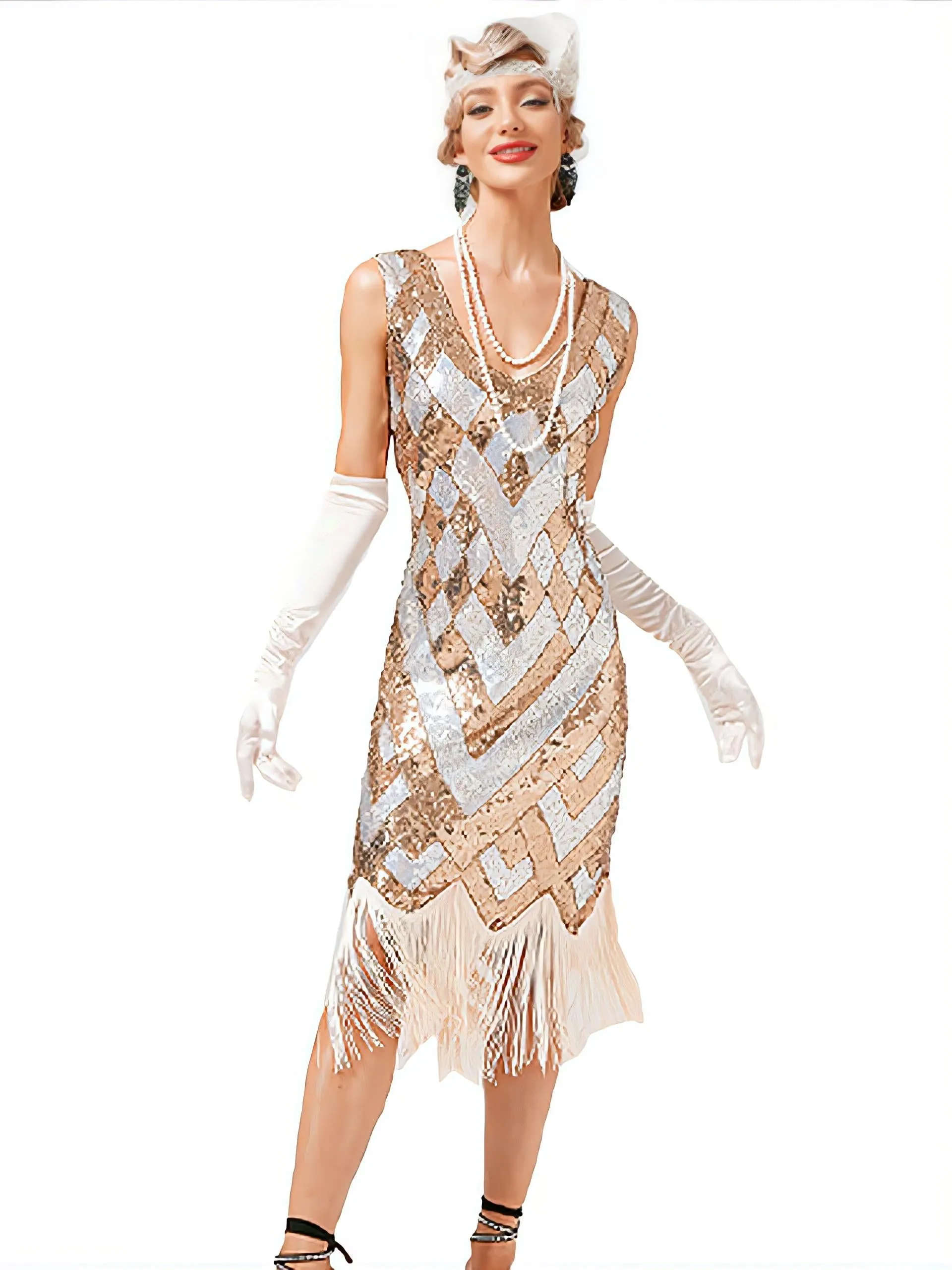 1920s V-Neck Sequined Fringe Evening Dress