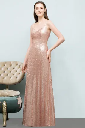 A-line Sequined V-Neck Spaghetti Straps Long Bridesmaid Dress