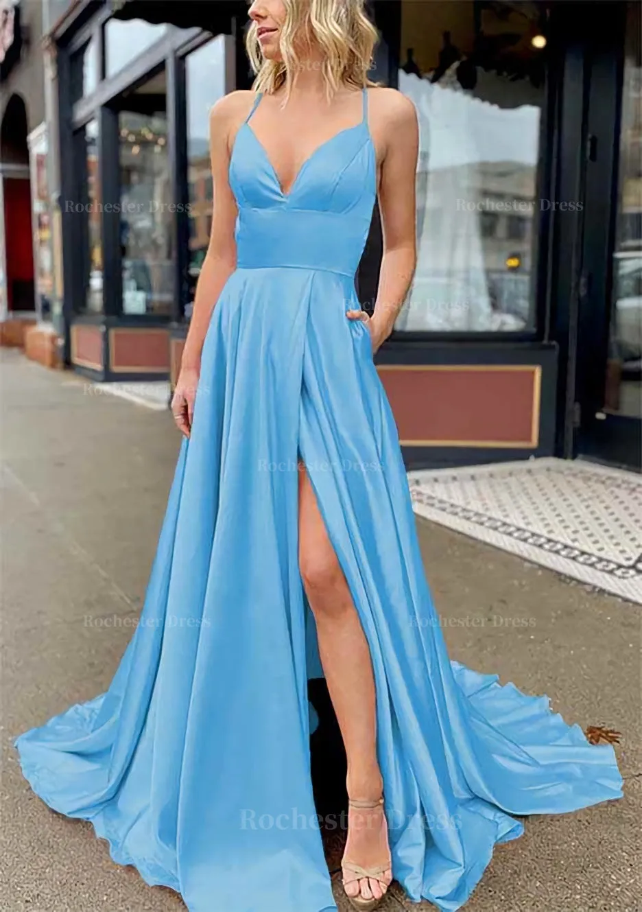 A-line V Neck Sleeveless Charmeuse Sweep Train Prom Dress With Pockets