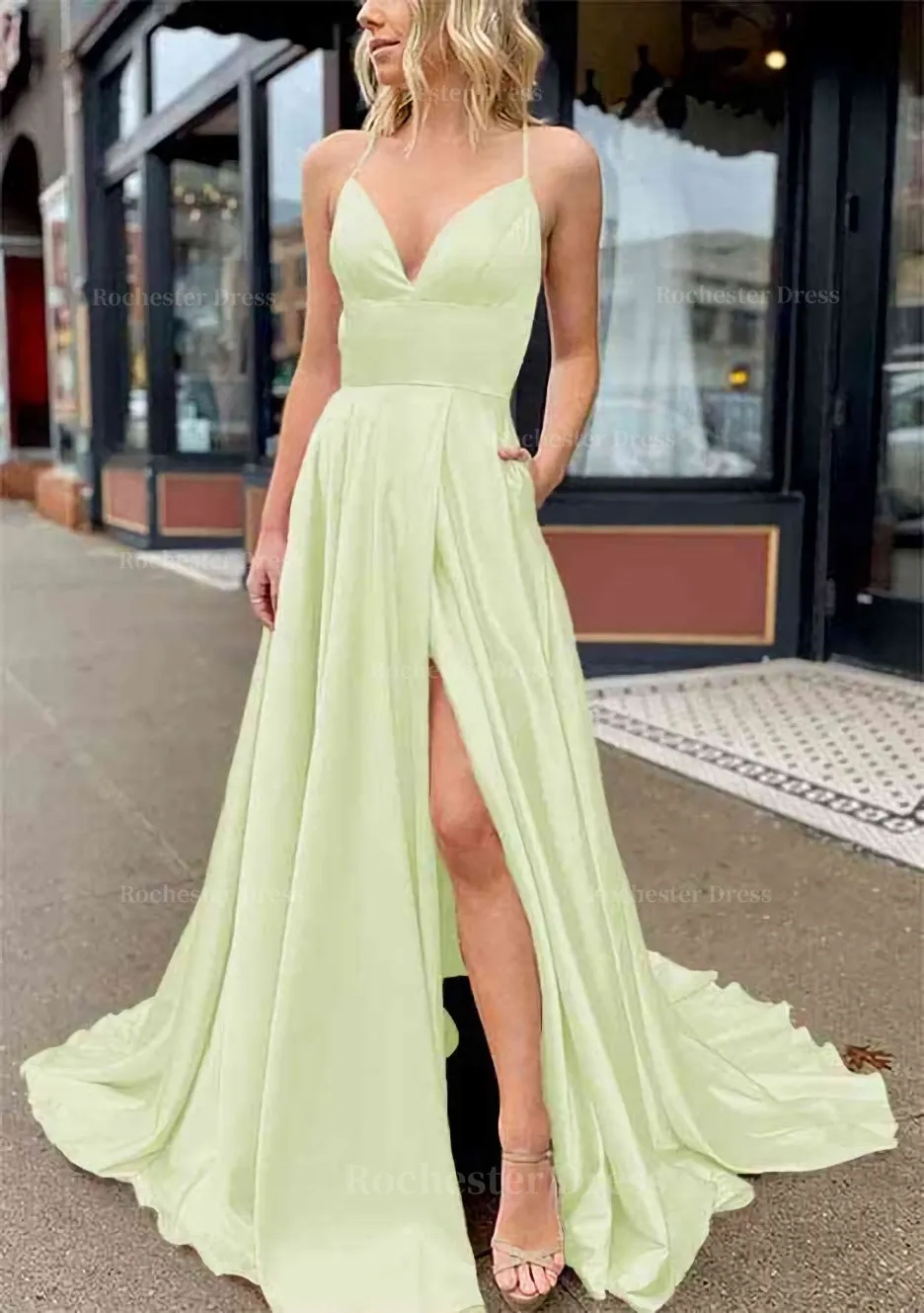 A-line V Neck Sleeveless Charmeuse Sweep Train Prom Dress With Pockets