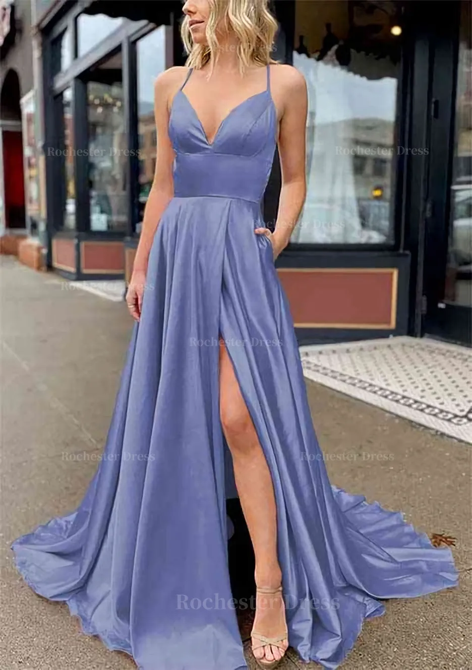 A-line V Neck Sleeveless Charmeuse Sweep Train Prom Dress With Pockets