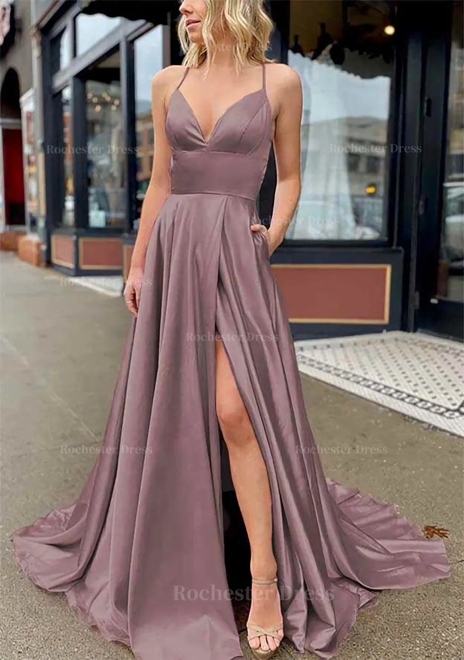 A-line V Neck Sleeveless Charmeuse Sweep Train Prom Dress With Pockets