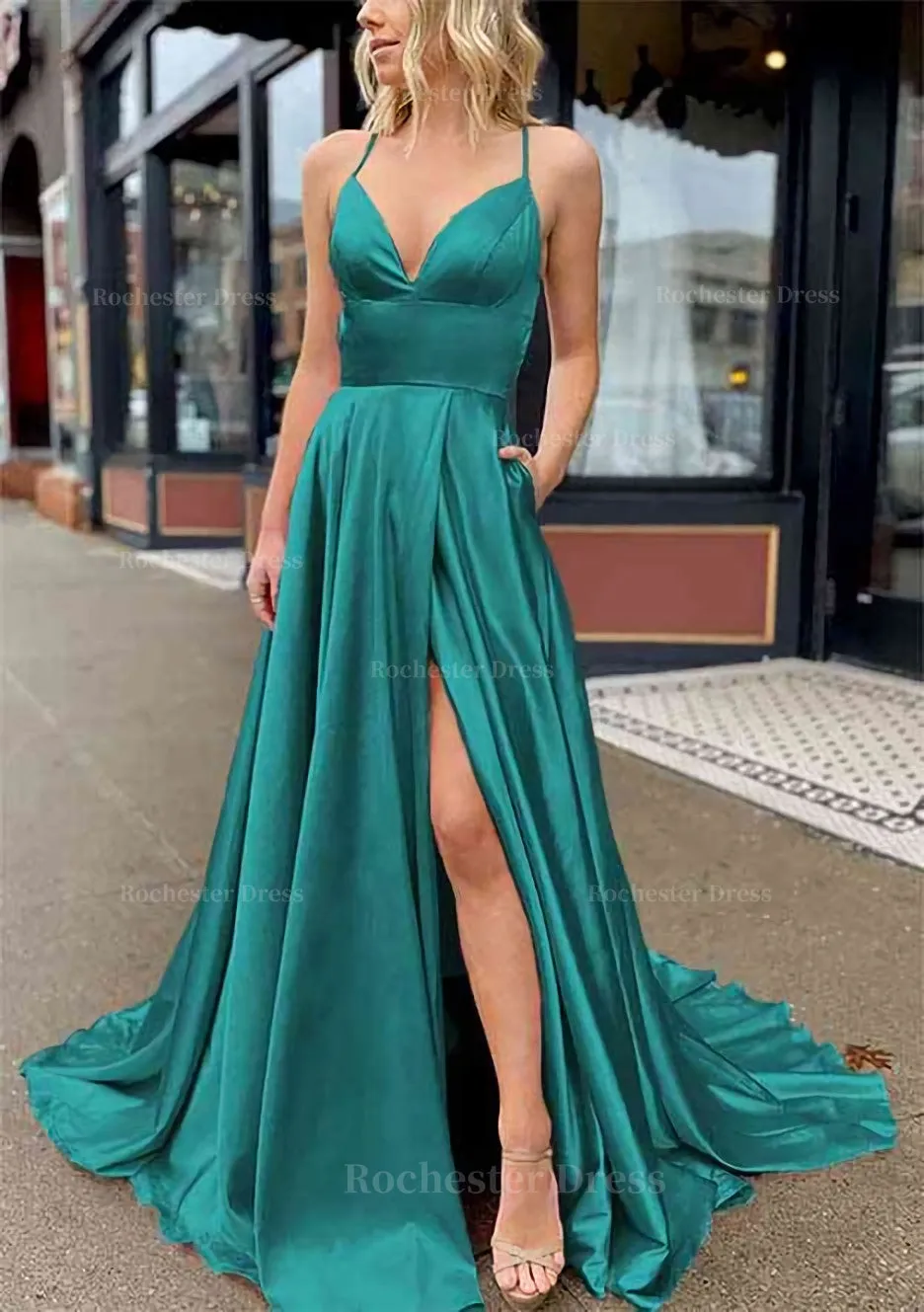 A-line V Neck Sleeveless Charmeuse Sweep Train Prom Dress With Pockets