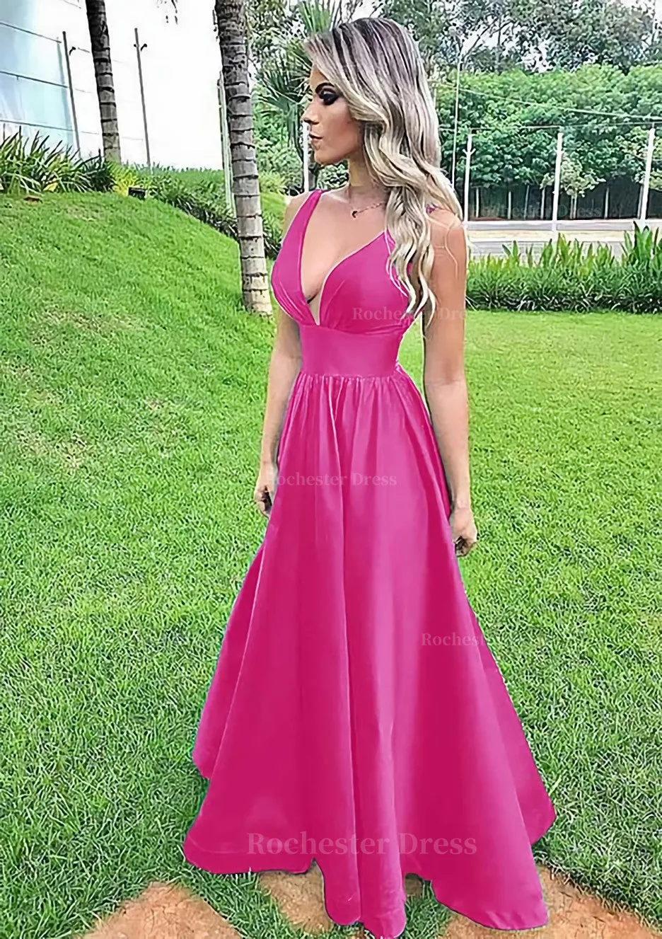 A-line V Neck Sleeveless Long/Floor-Length Satin Prom Dress With Pleated