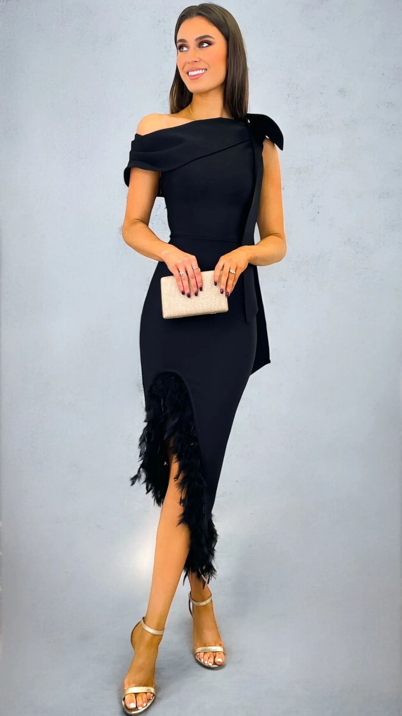 A2059 Black One Shoulder Feather Dress