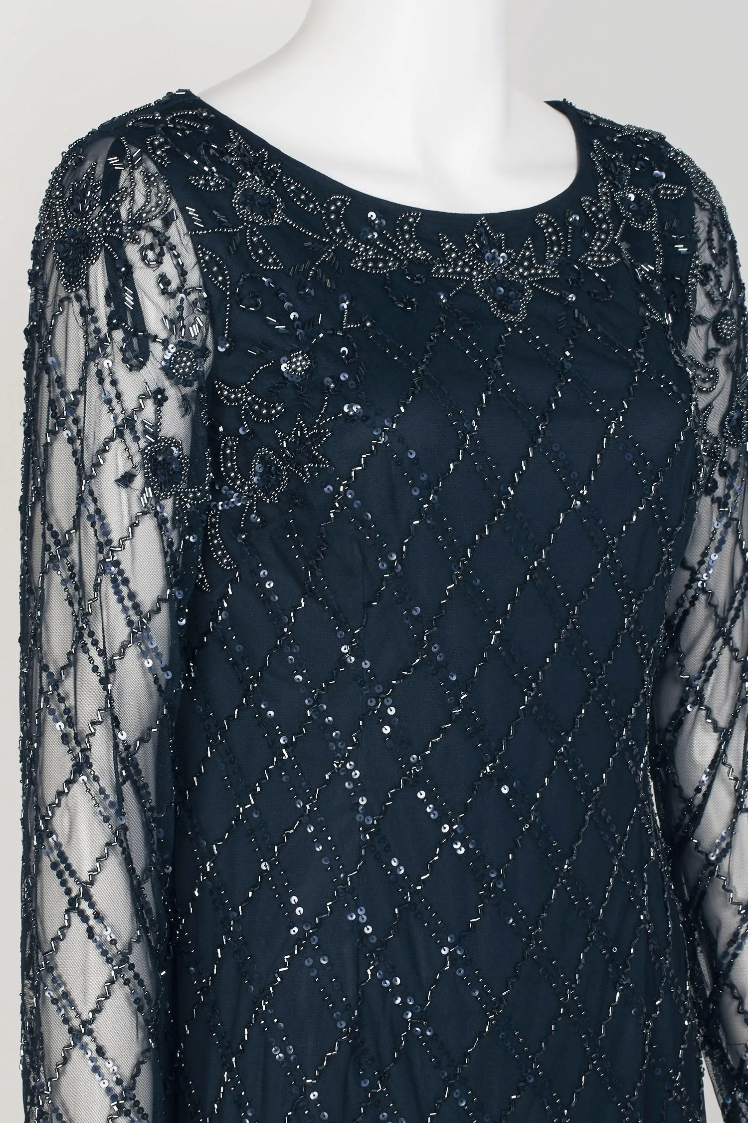 Adrianna Papell Scoop Neck Illusion Long Sleeve Sequined Beaded Zipper Back Shift Mesh Dress