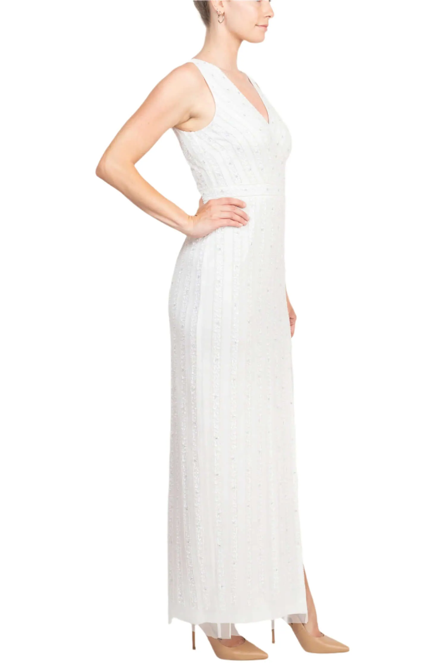 Adrianna Papell V-Neck Beaded & Sequined Sleeveless Banded Waist Slit Front Zipper Back Mesh Dress