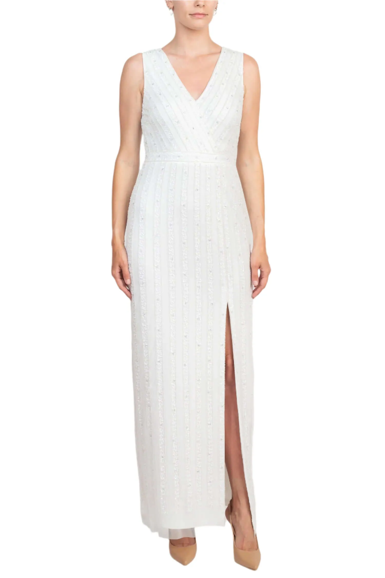 Adrianna Papell V-Neck Beaded & Sequined Sleeveless Banded Waist Slit Front Zipper Back Mesh Dress