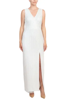 Adrianna Papell V-Neck Beaded & Sequined Sleeveless Banded Waist Slit Front Zipper Back Mesh Dress