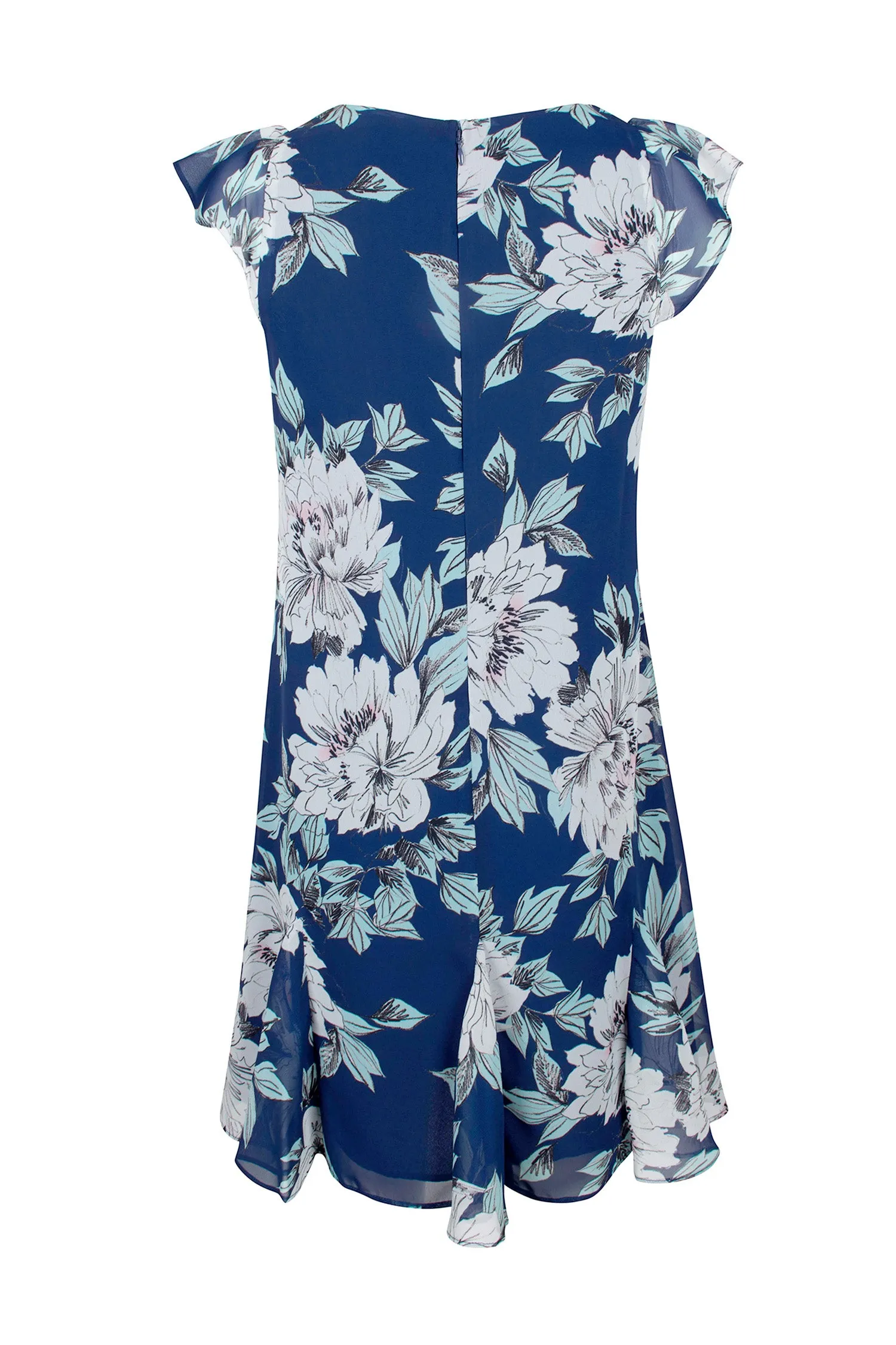 Adrianna Papell V-Neck Short Sleeve Zipper Back Floral Print Godet Hem Chiffon Dress