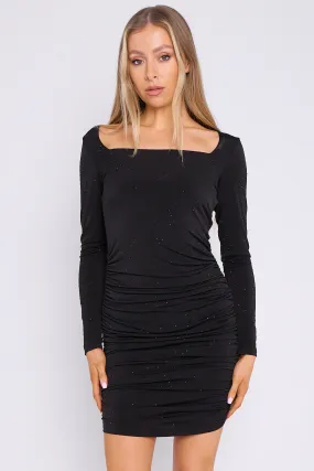 Aftershock London Audrey Black Diamante Ruched Mini Dress