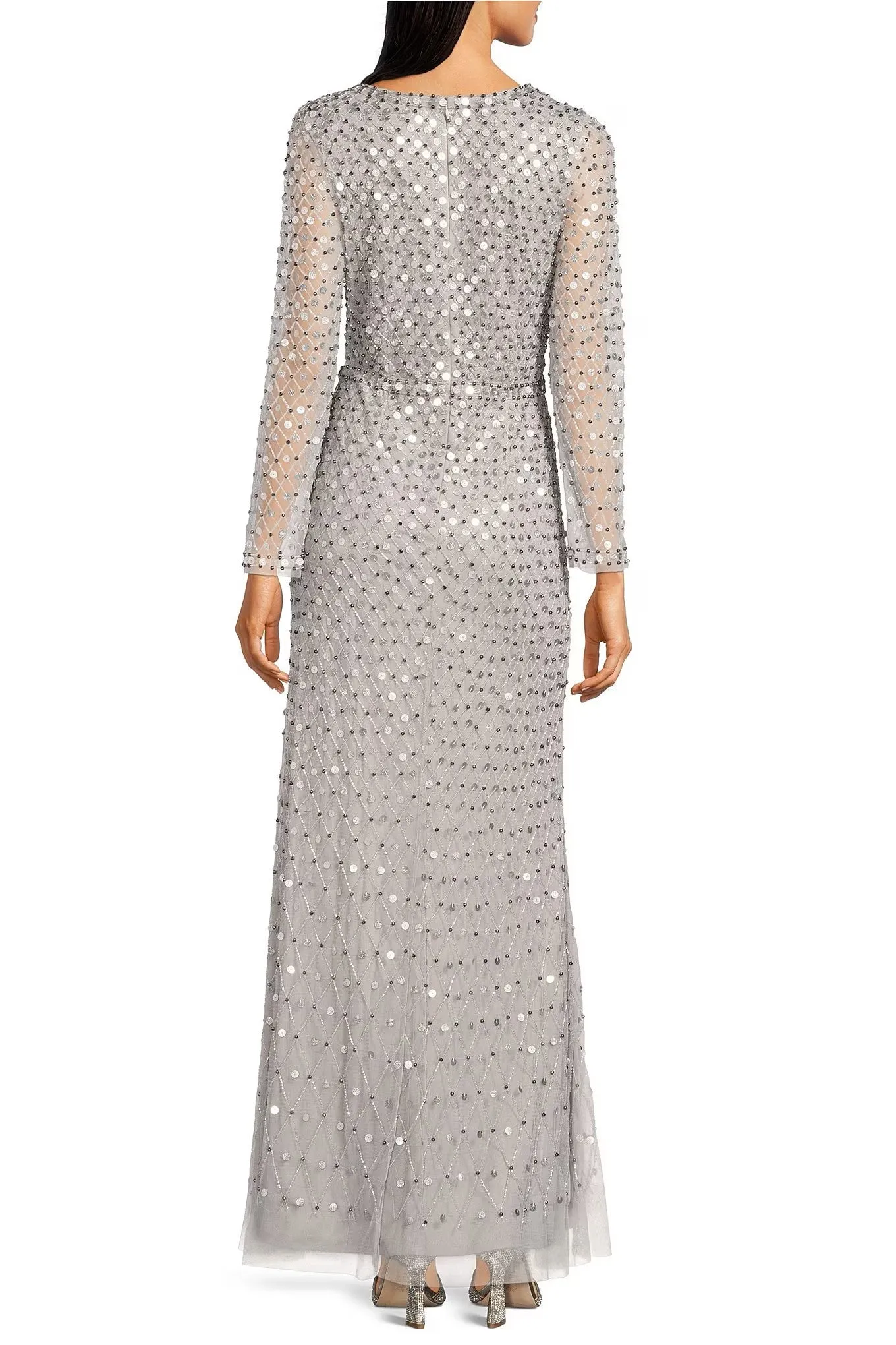 Aidan Mattox Sequined V-neck long sleeve slit front zipper back mesh dress