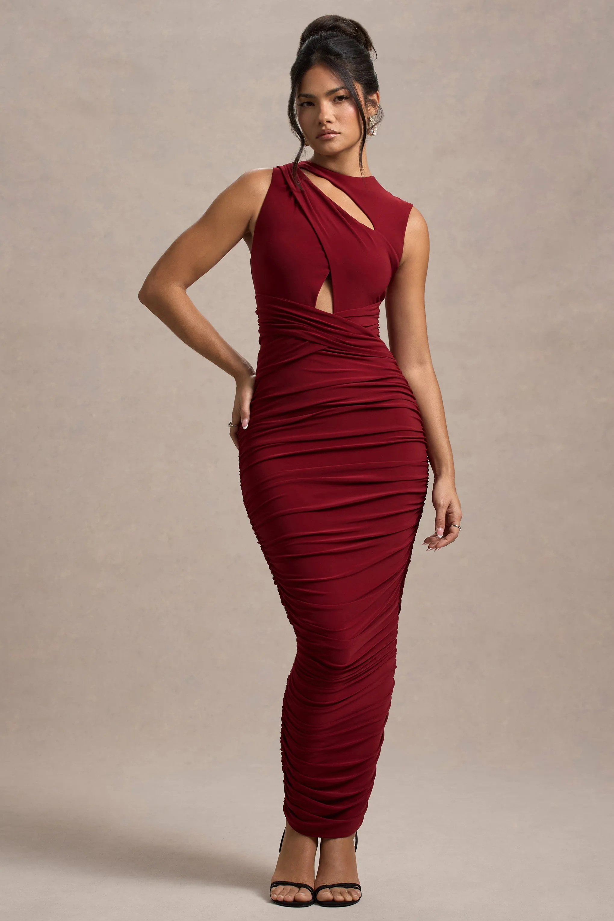 Aire | Wine Cut-Out Ruched Maxi Dress