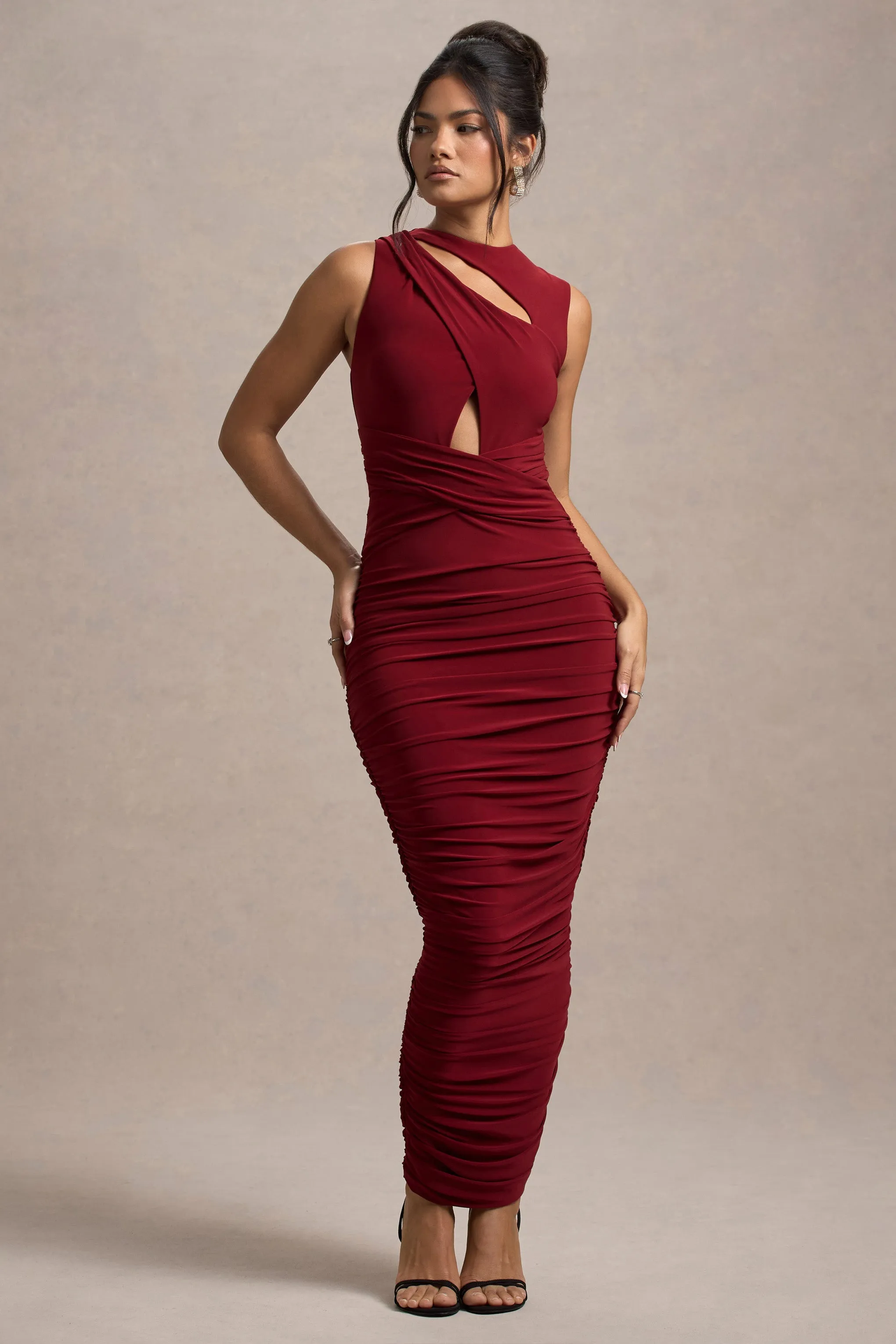 Aire | Wine Cut-Out Ruched Maxi Dress