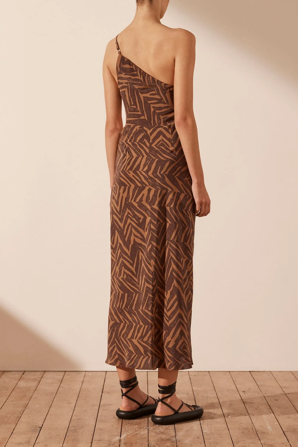 ALENE SILK ASYMMETRICAL MIDI DRESS