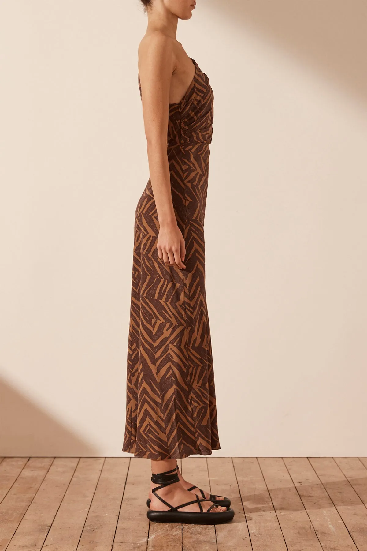 ALENE SILK ASYMMETRICAL MIDI DRESS