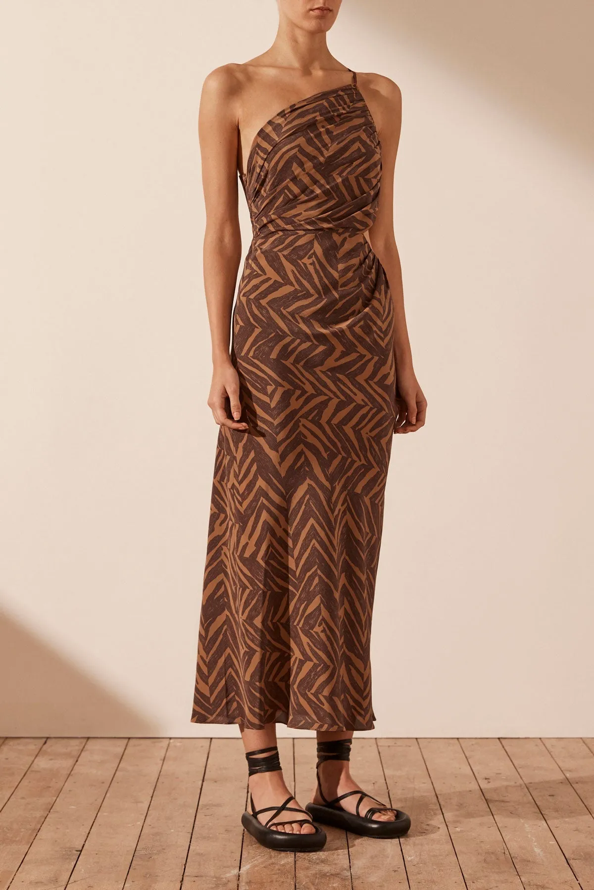 ALENE SILK ASYMMETRICAL MIDI DRESS