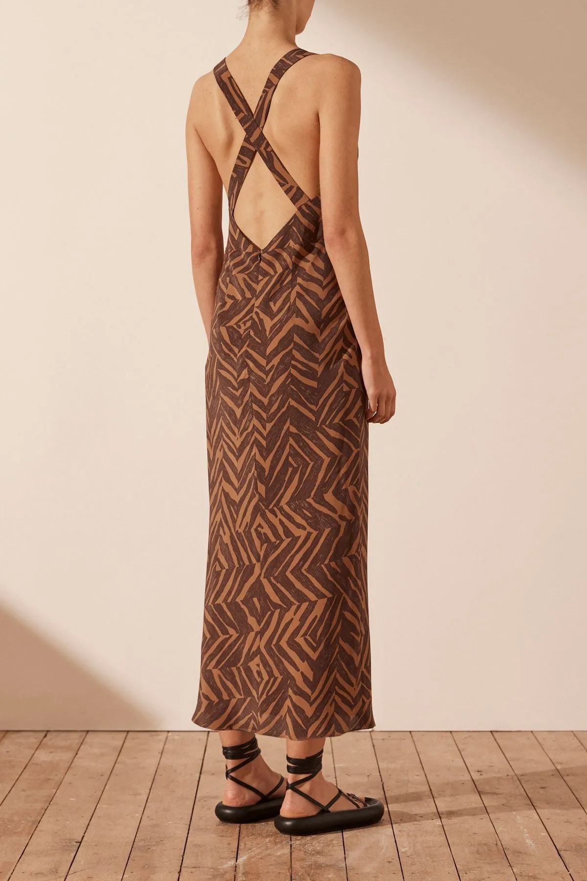 ALENE SILK PLUNGED CROSS BACK MIDI DRESS