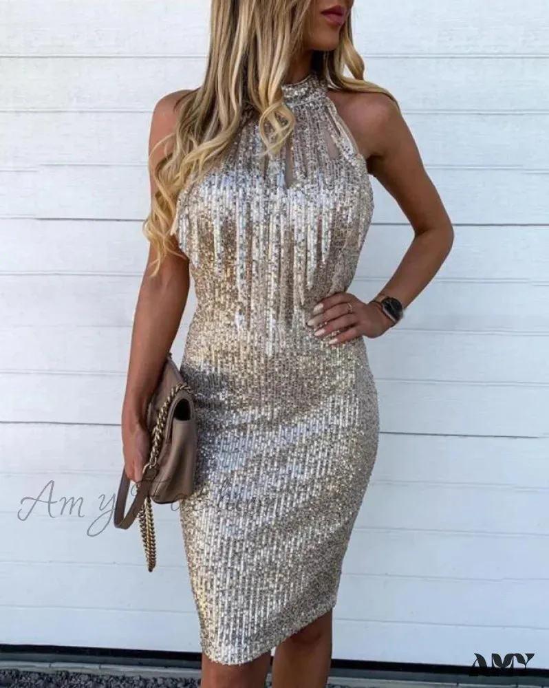 Amy Fashion - Sequins Sleeveless Halter Tassel Design Bodycon Party Evening Dress