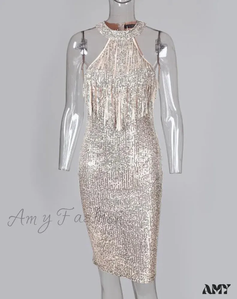 Amy Fashion - Sequins Sleeveless Halter Tassel Design Bodycon Party Evening Dress