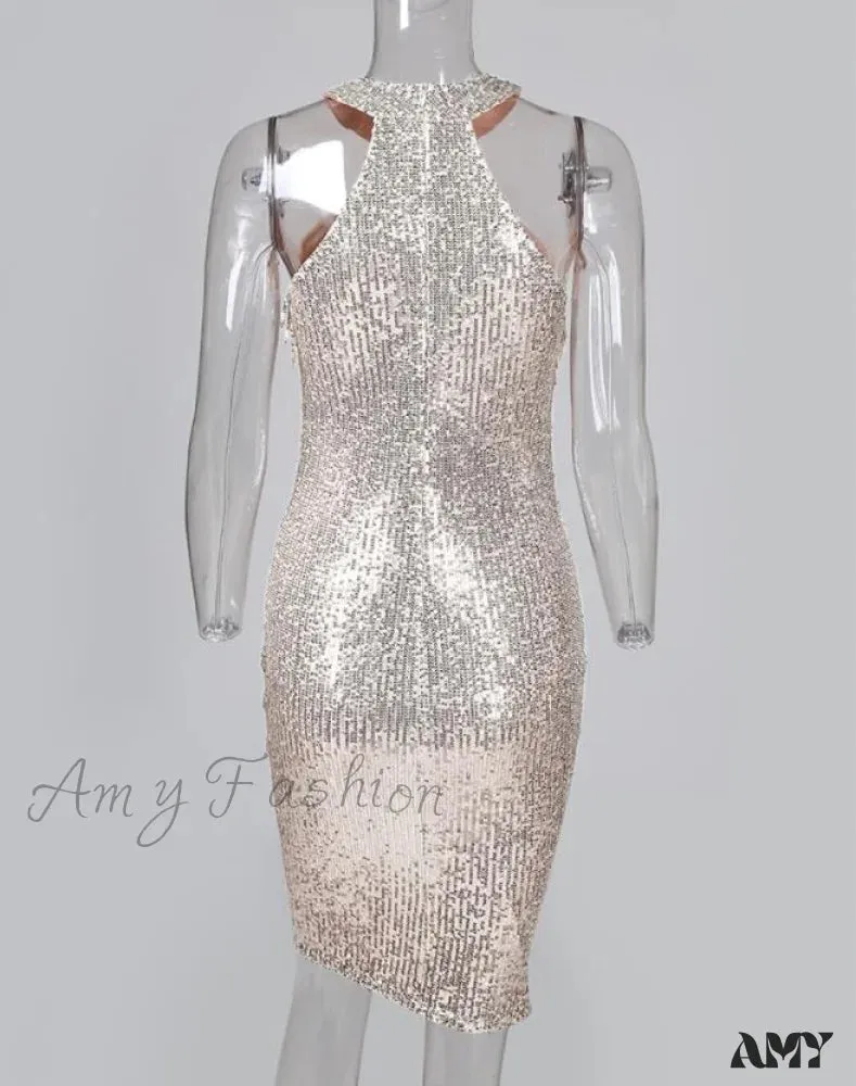 Amy Fashion - Sequins Sleeveless Halter Tassel Design Bodycon Party Evening Dress