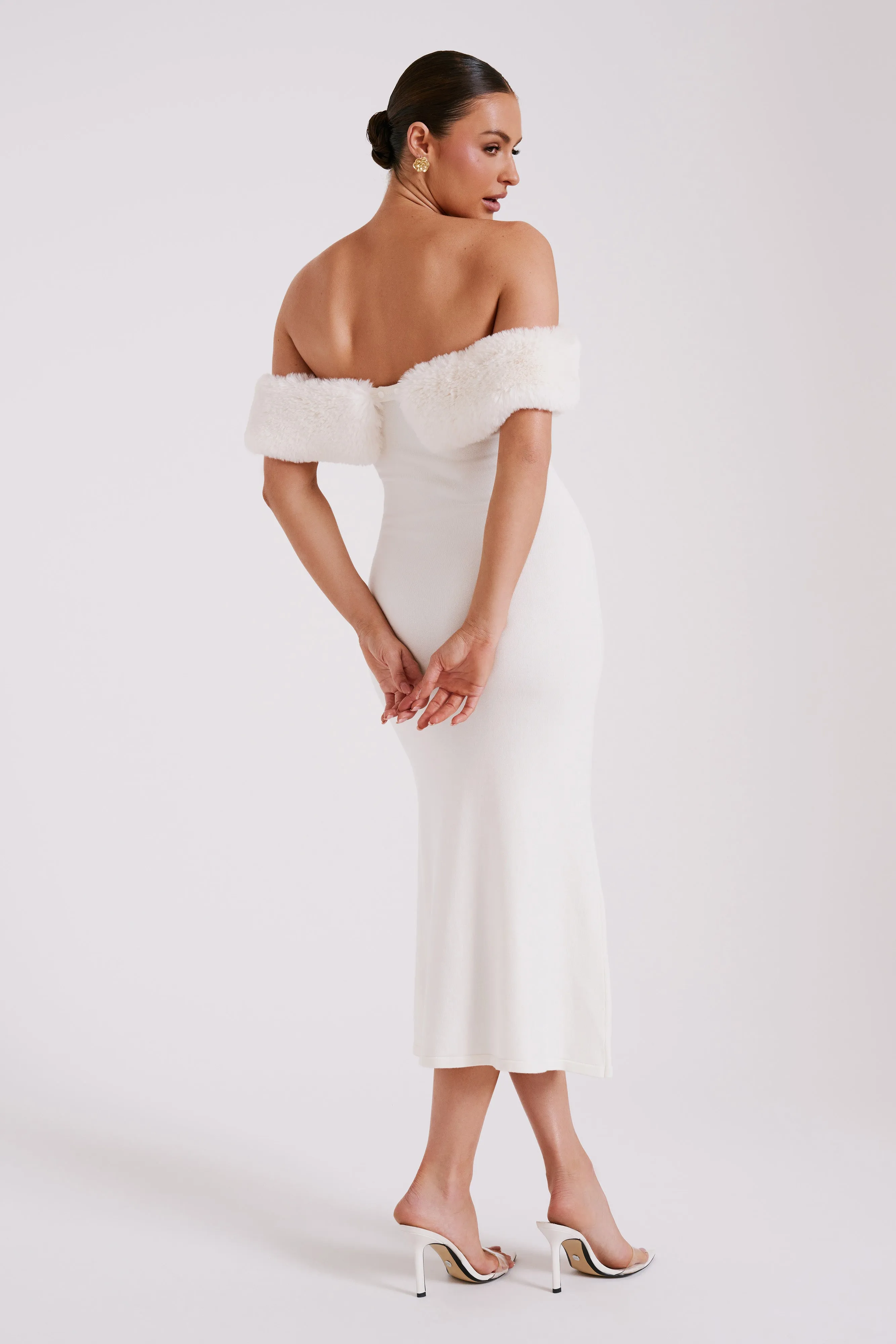 Angelica Off Shoulder Knit Midi Dress With Faux Fur - Ivory