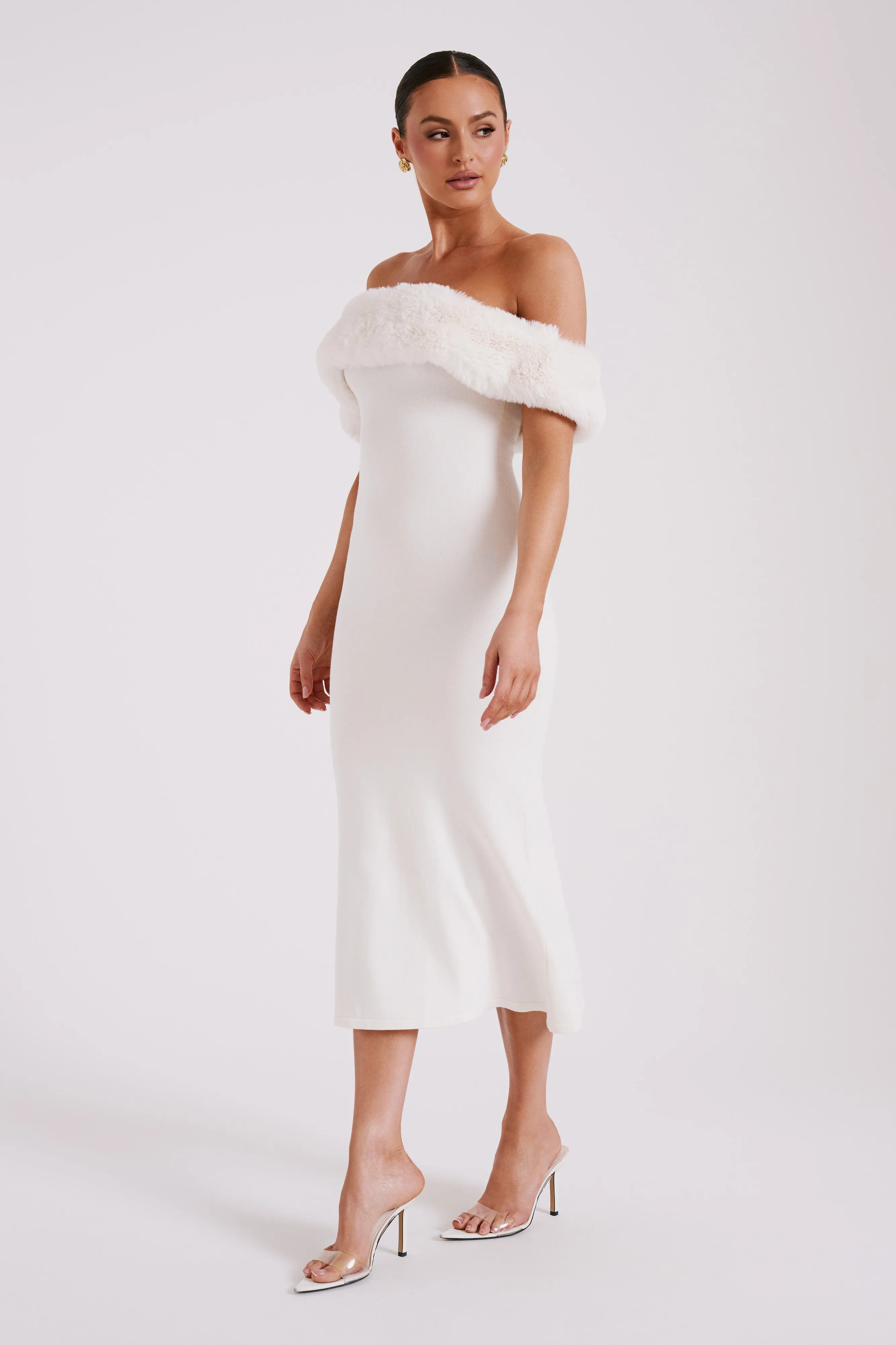 Angelica Off Shoulder Knit Midi Dress With Faux Fur - Ivory