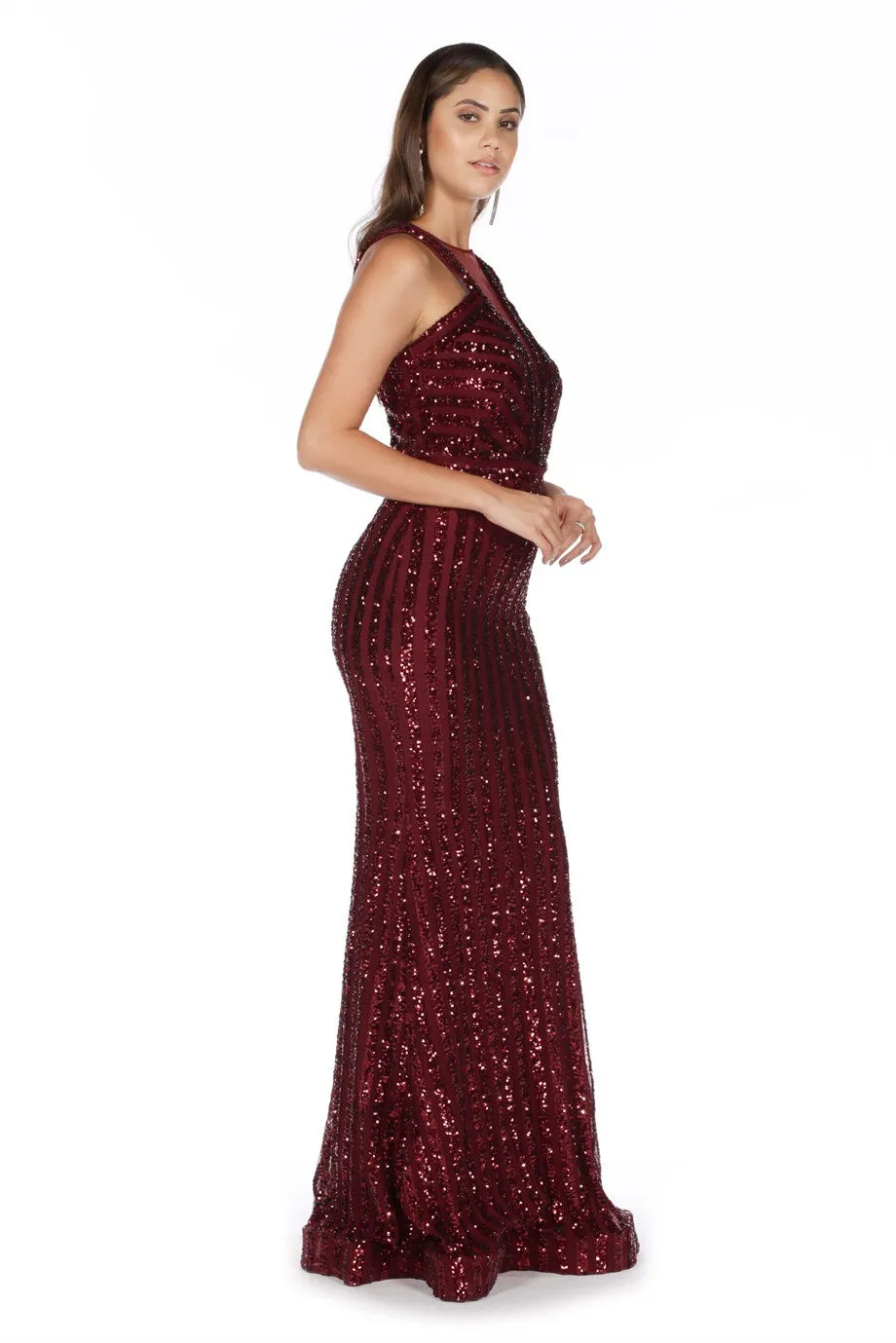 Angelino Bordeaux Striped Sequined Fish Evening Dress