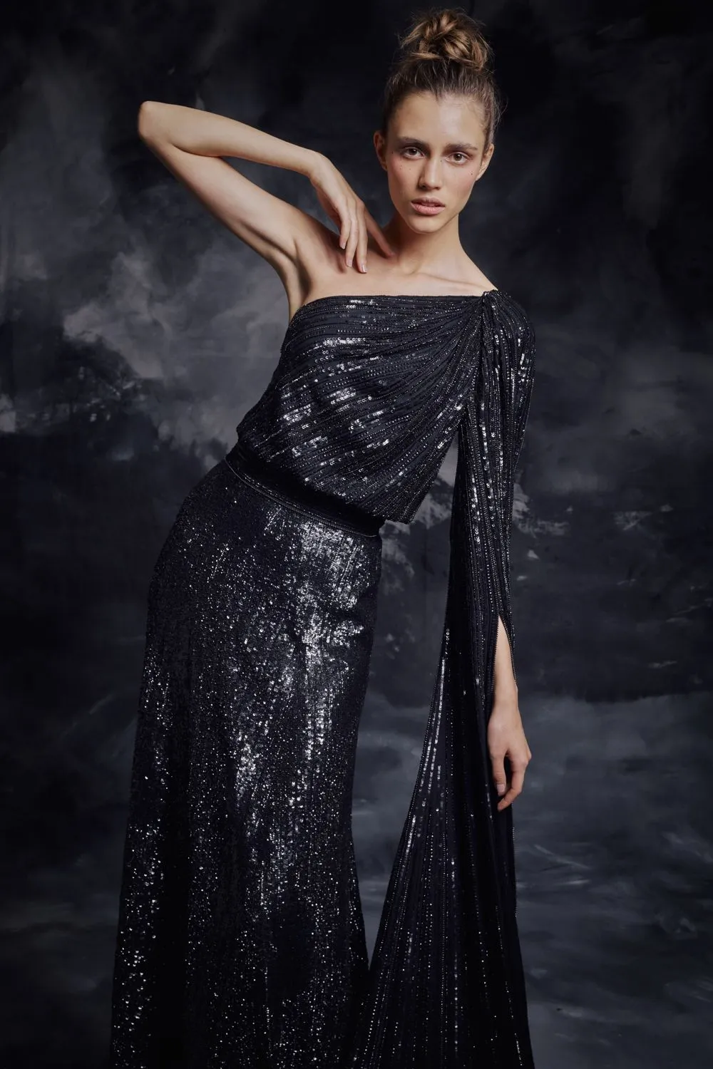 Asymmetric Sequined Black Dress