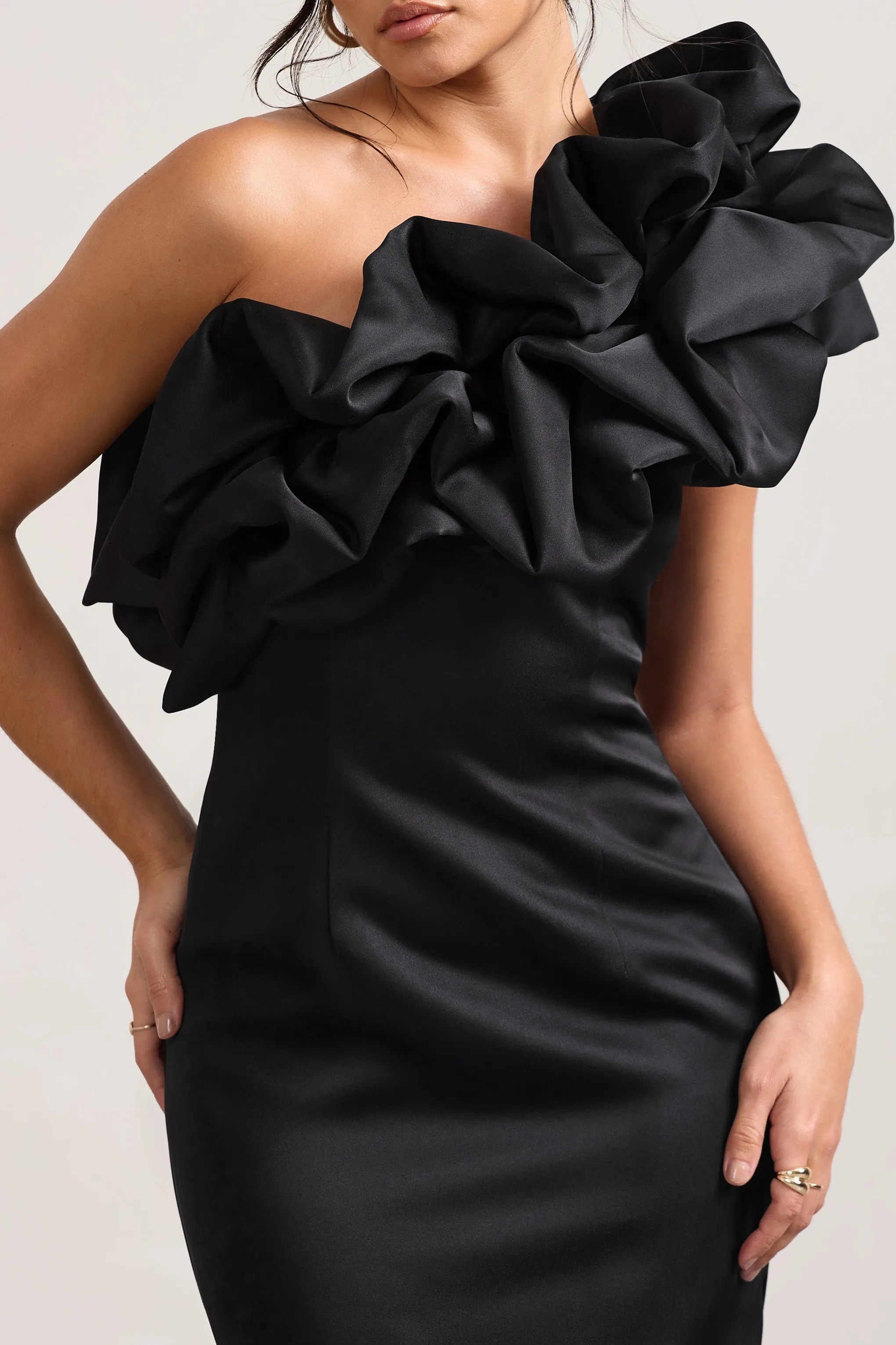 At The Opera | Black Satin One Shoulder Ruffled Mini Dress