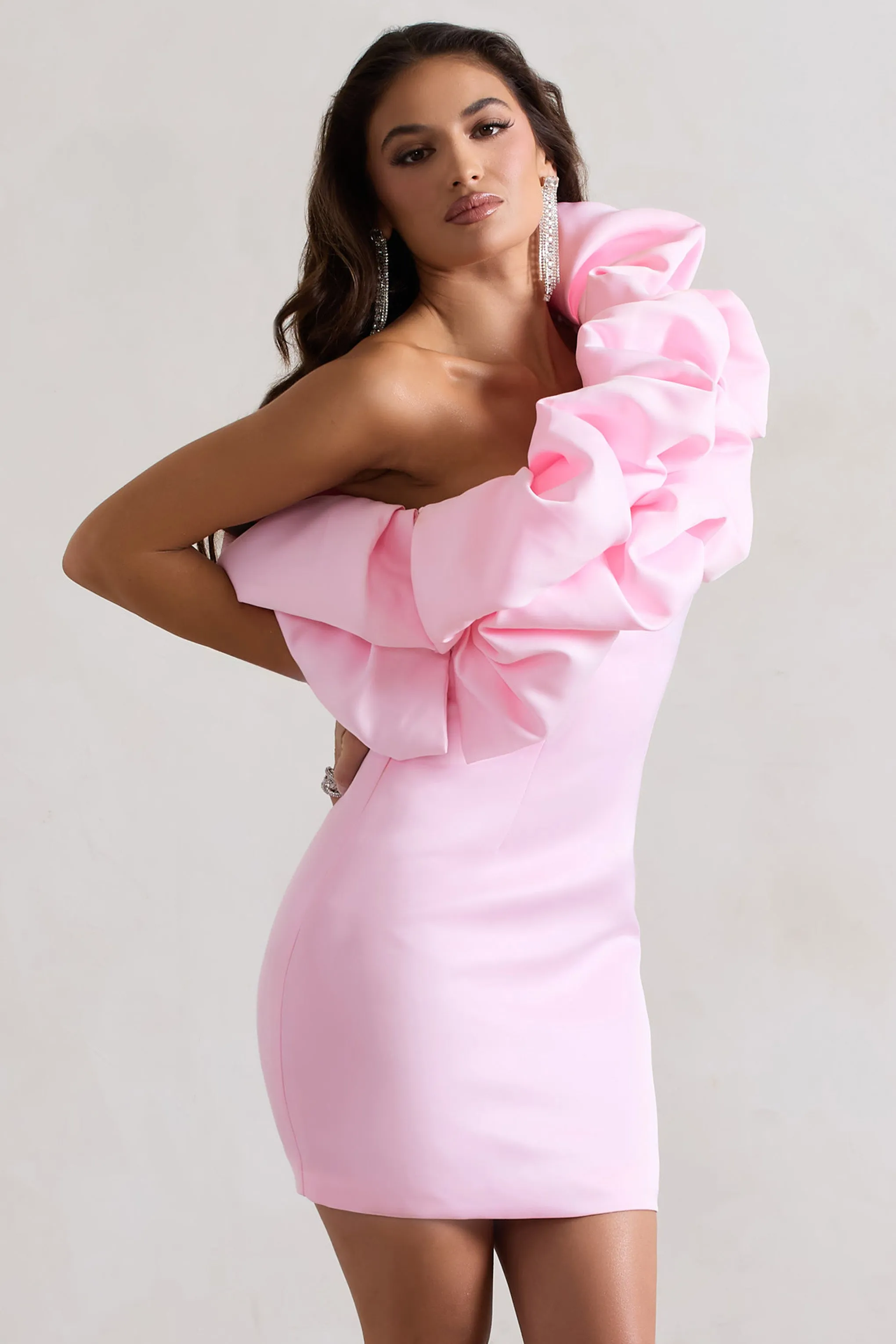 At The Opera | Pink Satin One Shoulder Ruffled Mini Dress