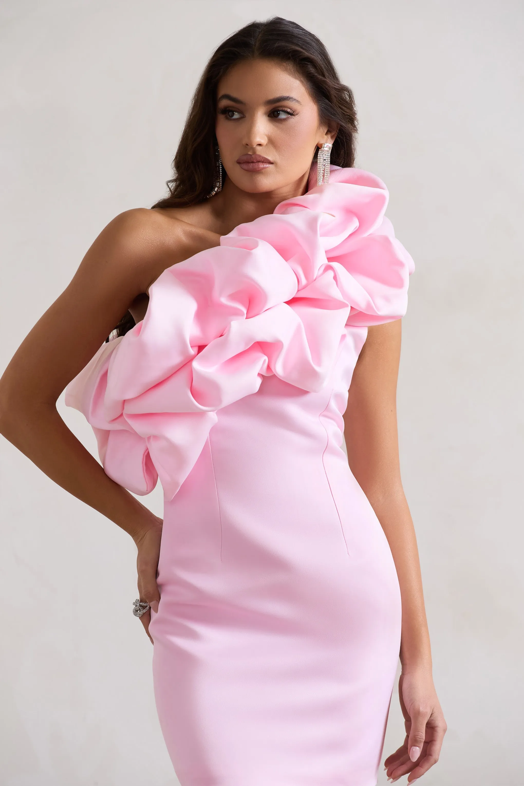 At The Opera | Pink Satin One Shoulder Ruffled Mini Dress