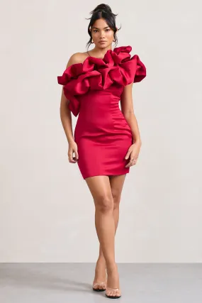 At The Opera | Red Satin One Shoulder Ruffled Mini Dress