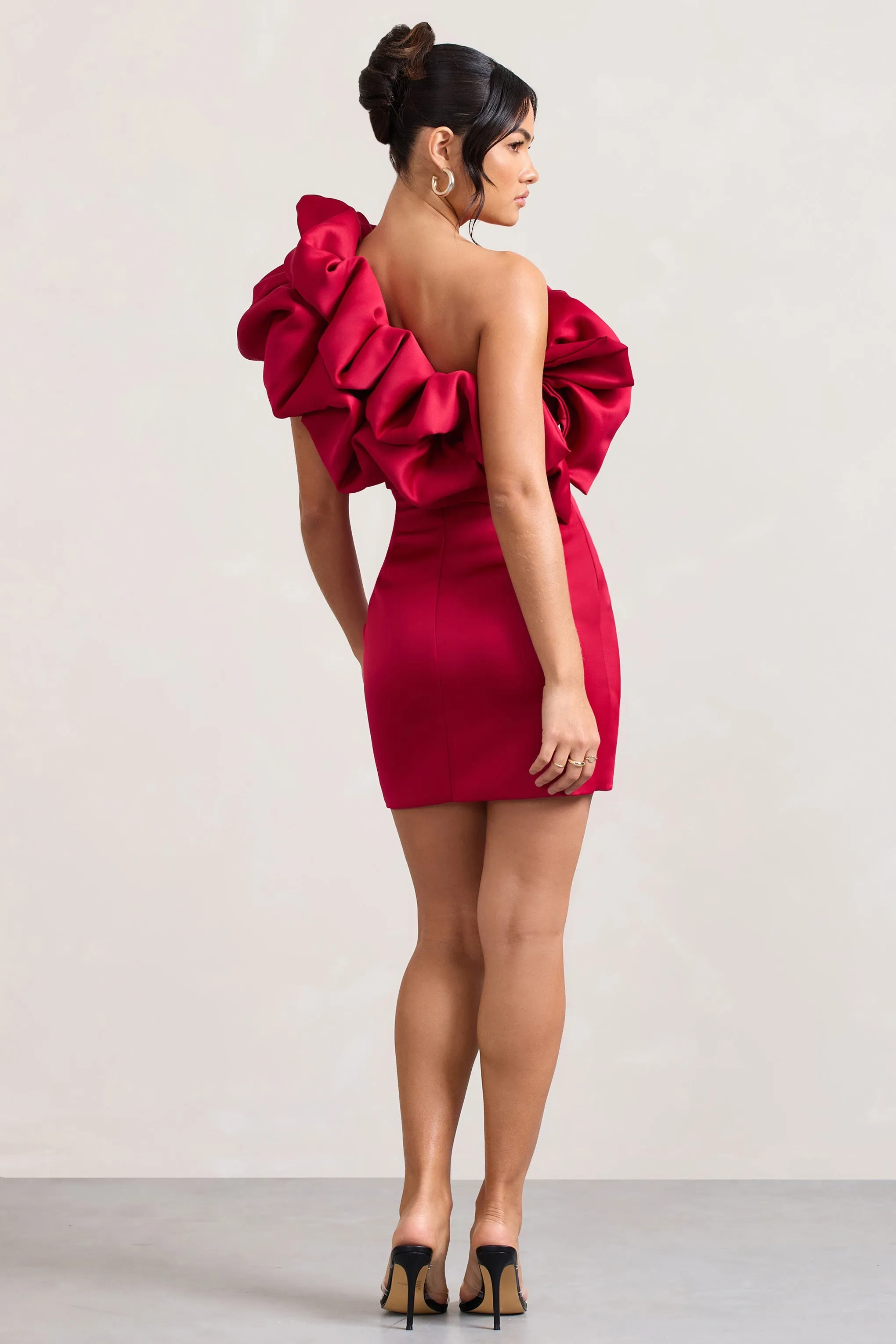 At The Opera | Red Satin One Shoulder Ruffled Mini Dress