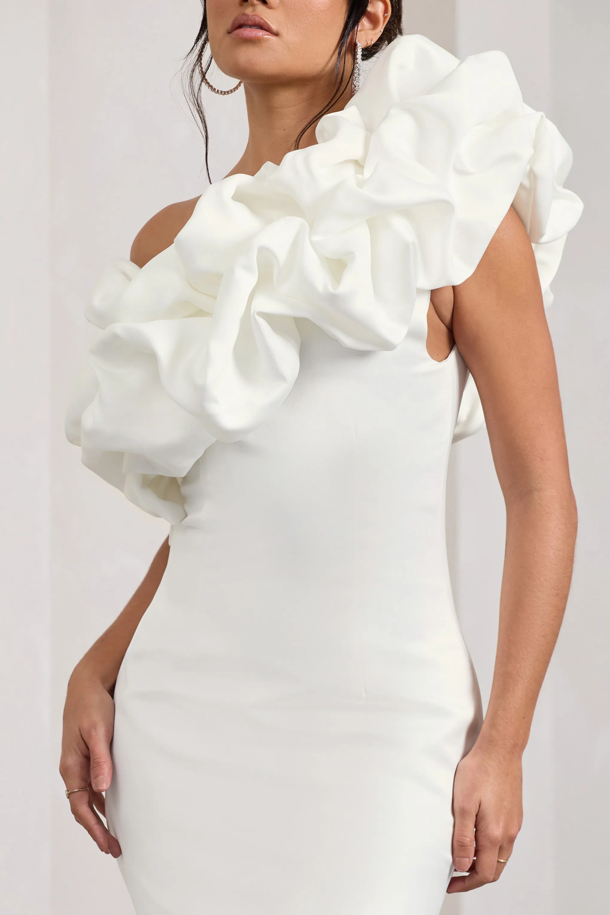 At The Opera | White Satin One Shoulder Ruffled Mini Dress