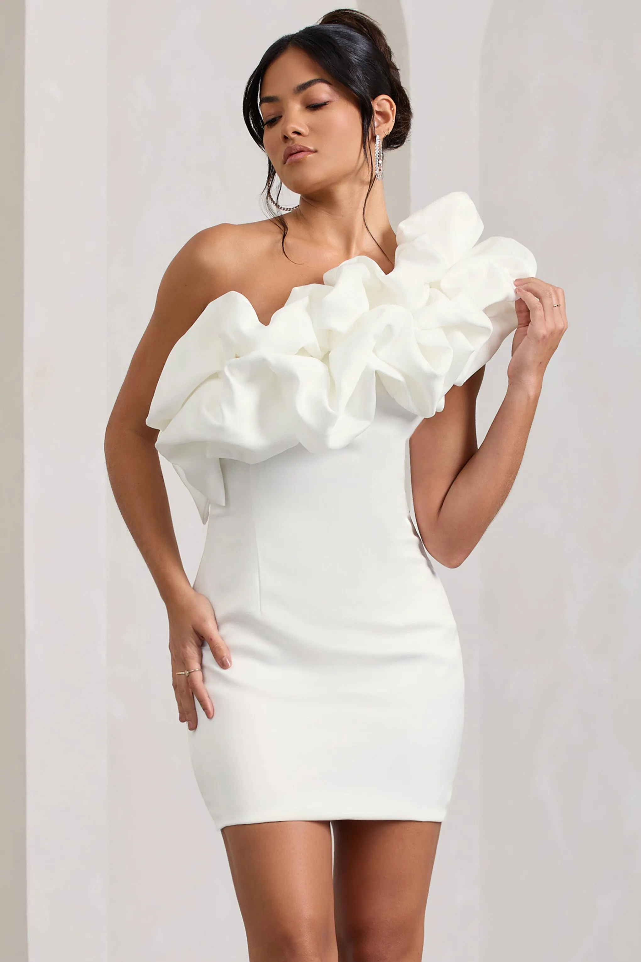 At The Opera | White Satin One Shoulder Ruffled Mini Dress