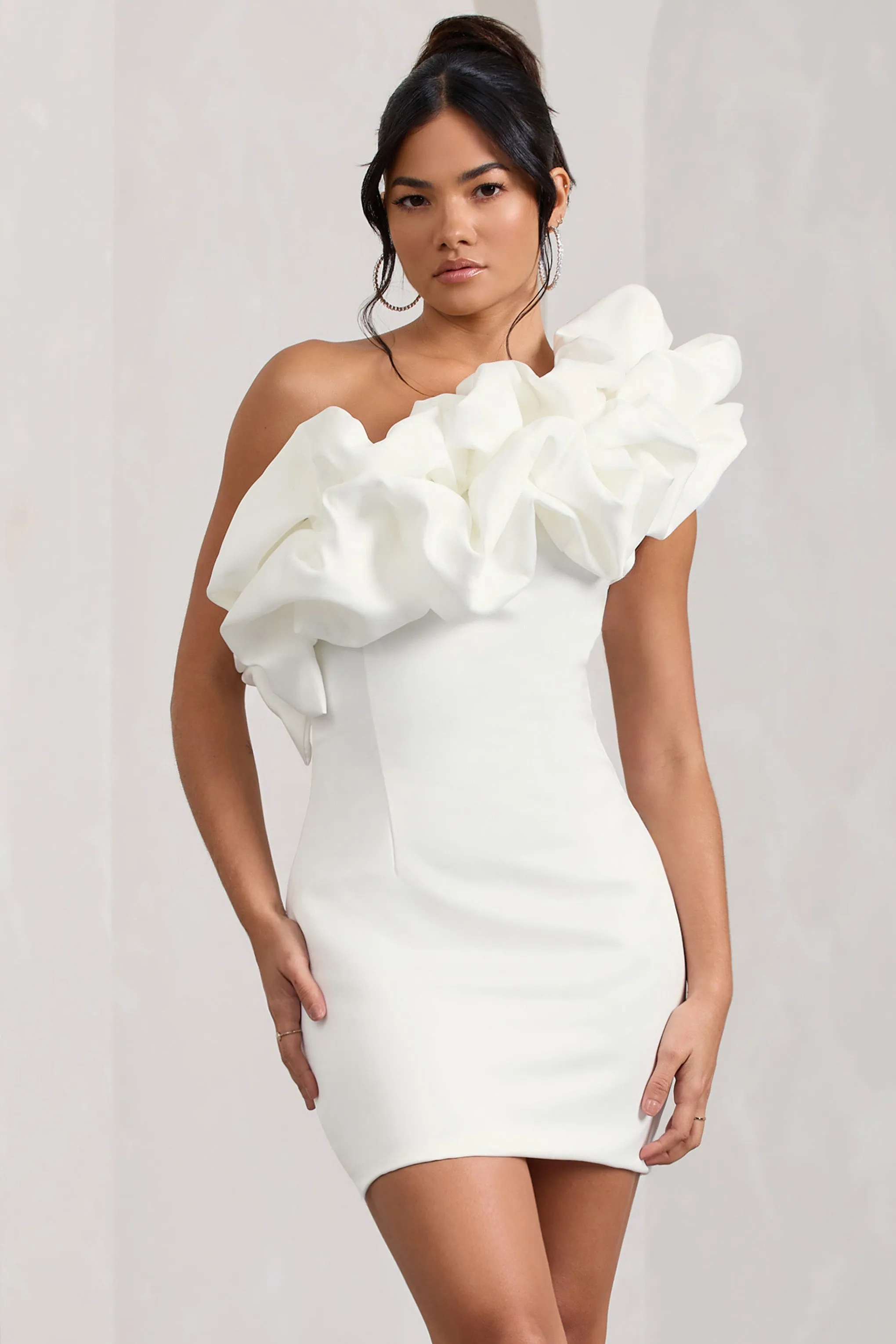 At The Opera | White Satin One Shoulder Ruffled Mini Dress