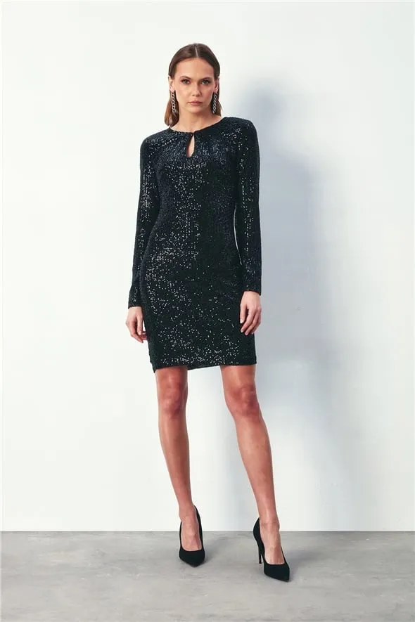 Backless with Bow Ribbon Sequined Long Sleeve Dress - Black