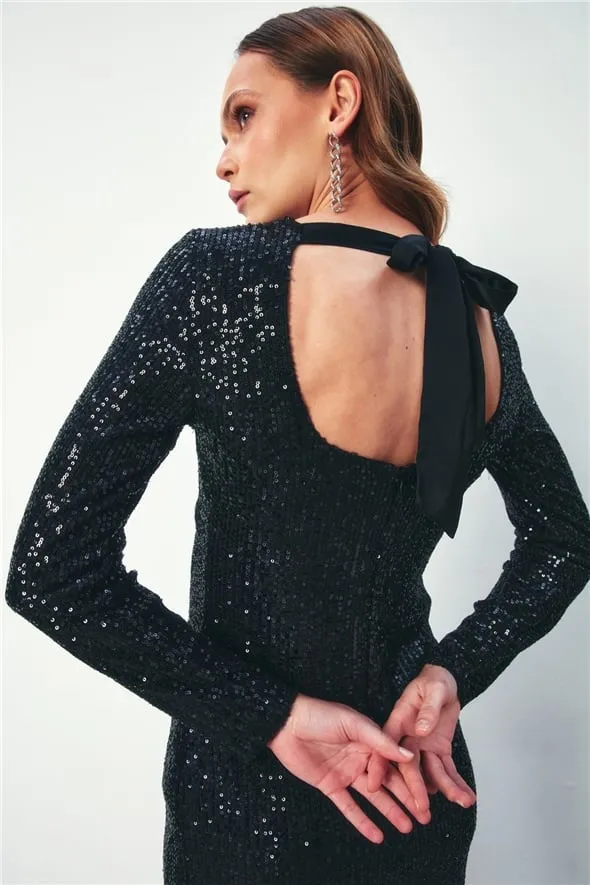 Backless with Bow Ribbon Sequined Long Sleeve Dress - Black