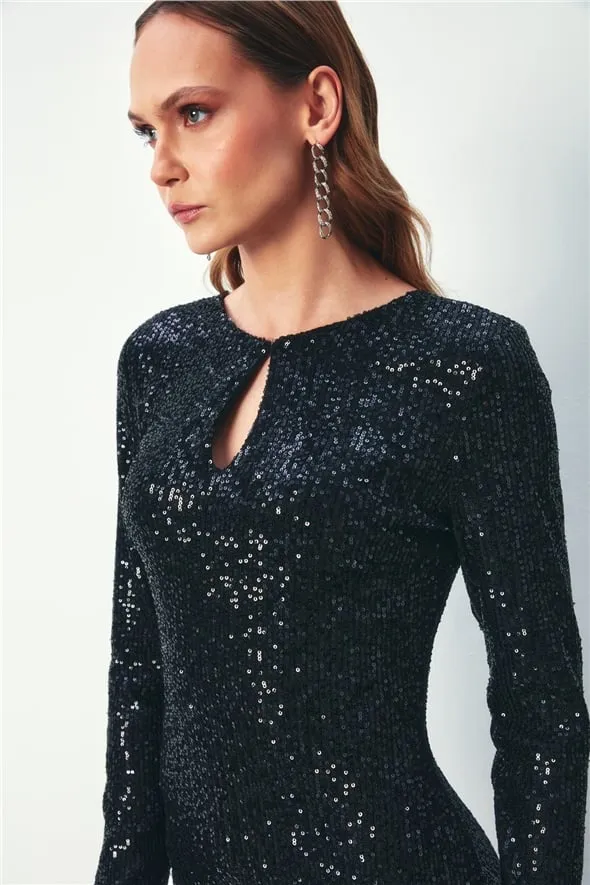 Backless with Bow Ribbon Sequined Long Sleeve Dress - Black