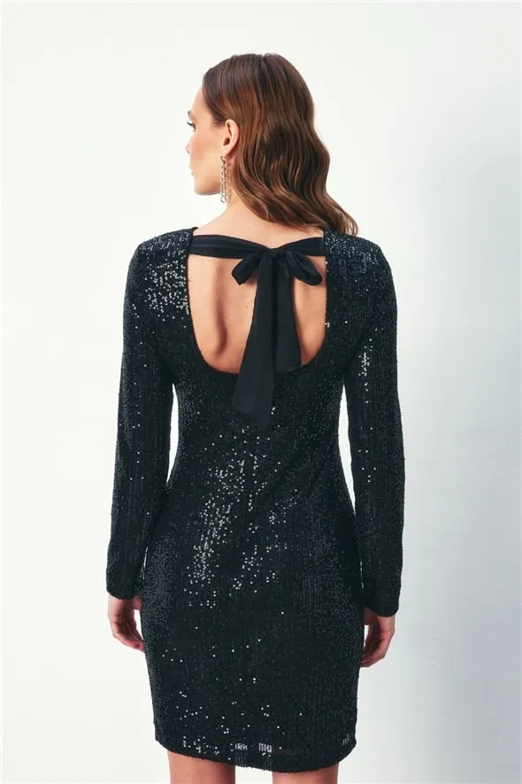 Backless with Bow Ribbon Sequined Long Sleeve Dress - Black