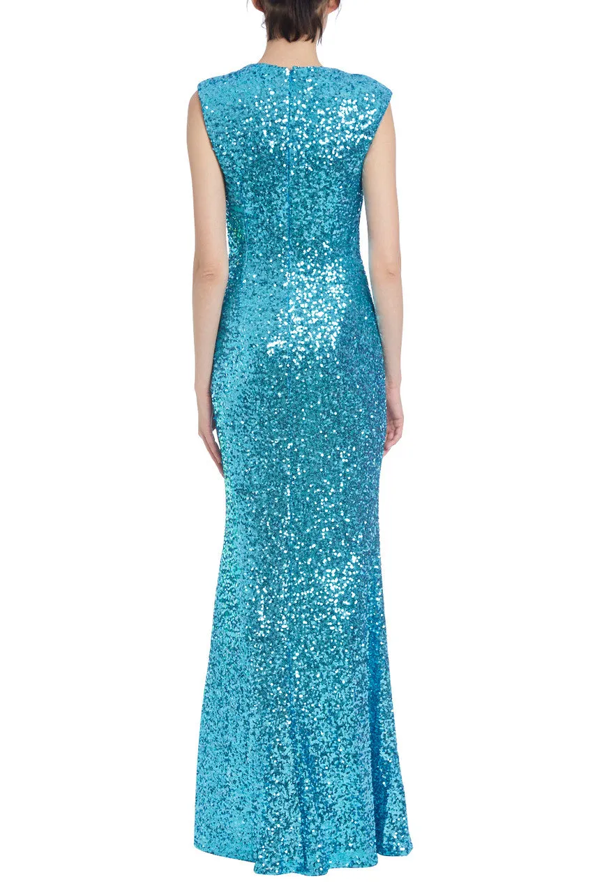 Badgley Mischka turquoise sequined mermaid gown