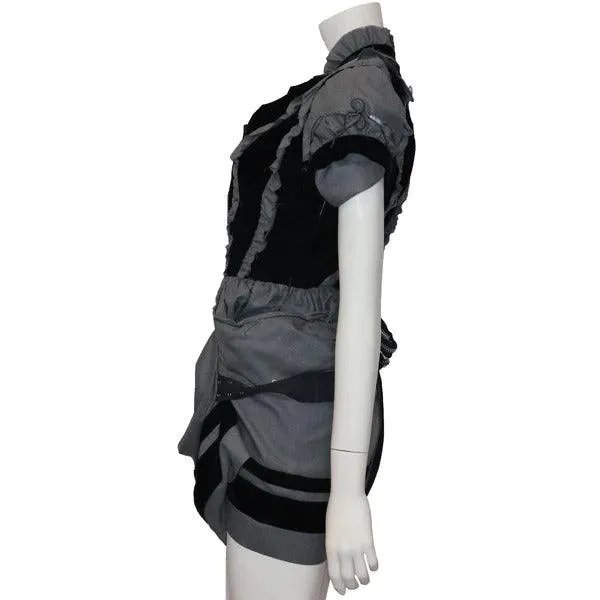 BALENCIAGA Grey Wool & Black Velvet Deconstructed Dress w/ Zippers Circa 1990s | Size 38