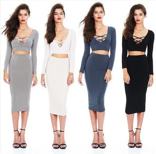 Bandage Crop Top and Bodycon Skirt Dress Suit