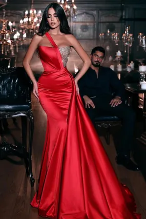 Beautiful One-Shoulder Sleeveless Satin Mermaid Prom Dresses with Train