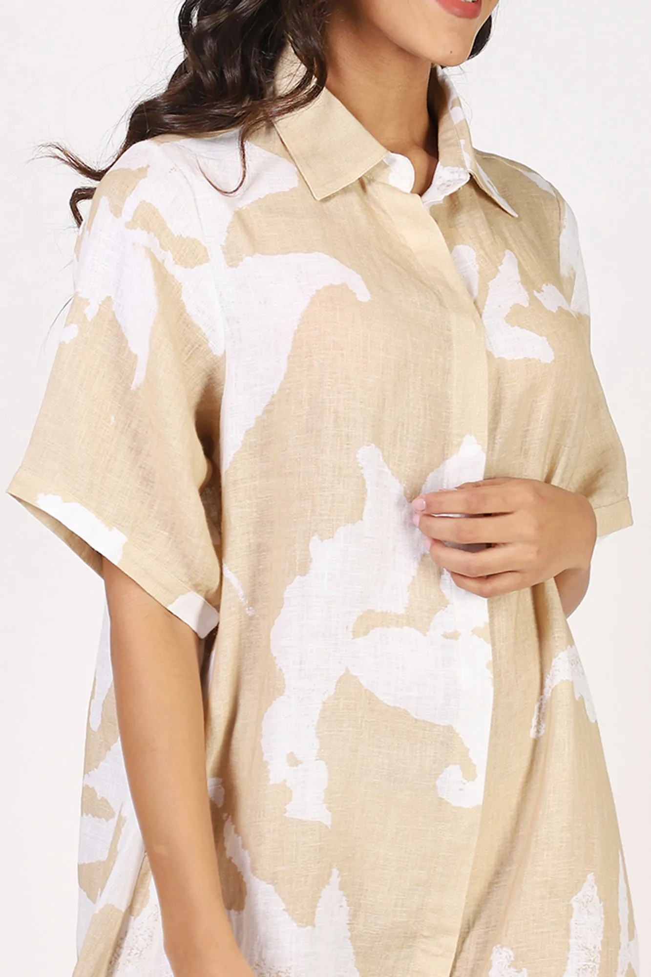 Beige Floral Linen Dress