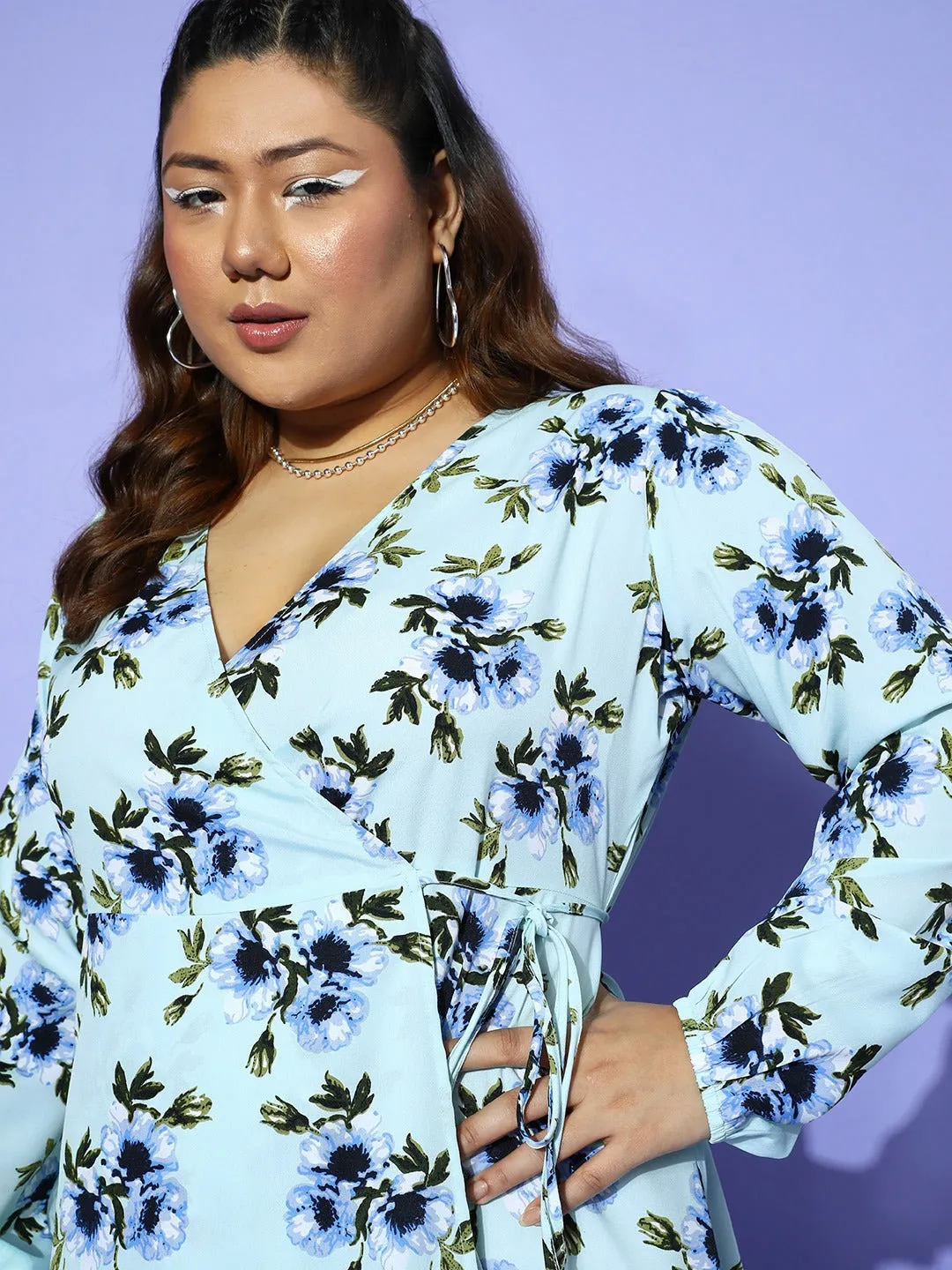 Berrylush Women Plus Size Green & Blue Floral Printed V-Neck Waist Tie-Up Crepe Layered Wrap Mini Dress