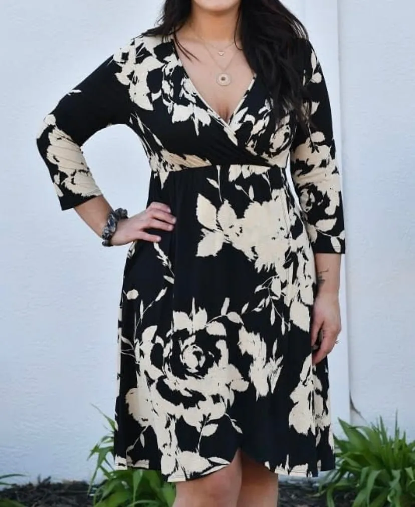 Black & Creme Floral Faux Wrap Dress