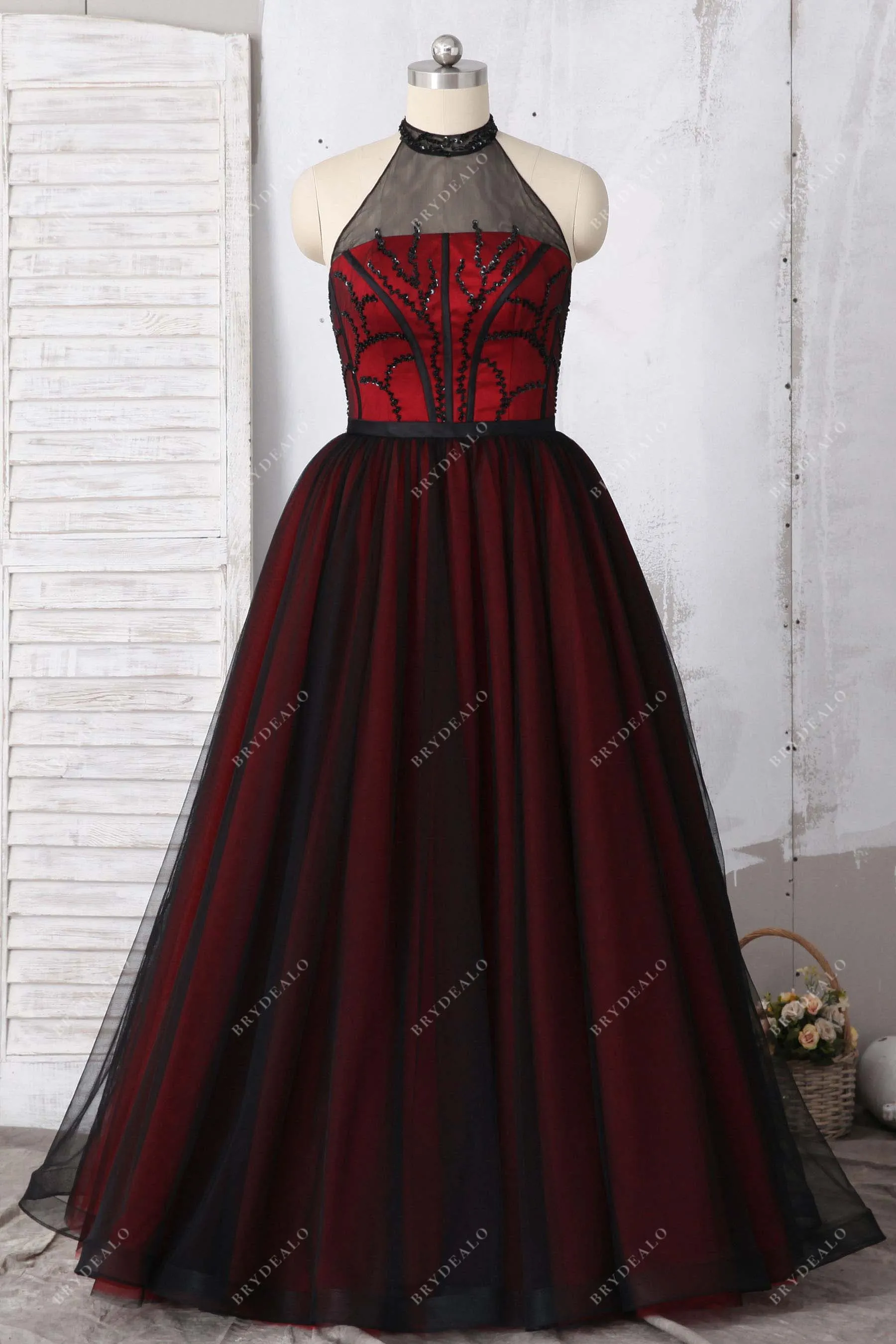 Black Beaded Tulle Overlay Red Underneath Prom Gown